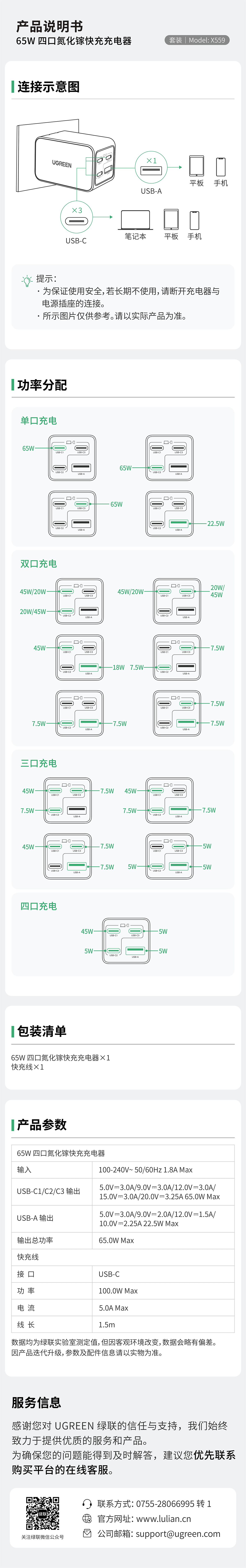 綠聯(lián)65W四口氮化鎵快充充電器套裝